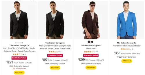 Image of The Indian Garage Co Men Grey Slim Fit Self Design Single Breasted Smart Casual Pure Cotton Blazer