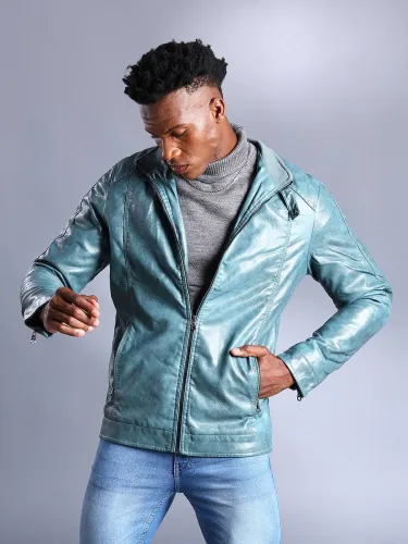 Image of The Indian Garage Co. Men Self Design Leather Jacket