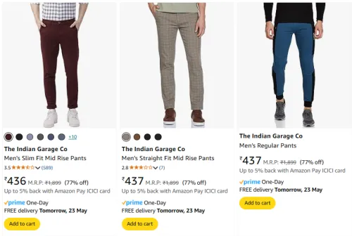 Image of The Indian Garage Co Men Trousers at minimum 75% Discount
