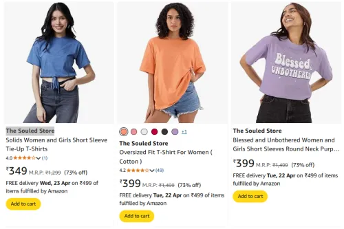Image of The Souled Store Women's T-shirts at minimum 73% Off