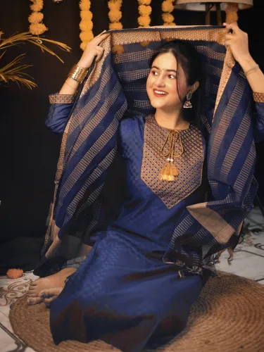 Image of Tibra Attire Women Cotton Blend Kurti Pant Dupatta Set