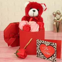 TIED RIBBONS Teddy Bear Greeting Card and Artificial Rose Flowers Gift