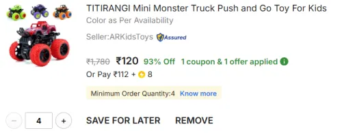 Image of TITIRANGI Mini Monster Truck Toy pack of 4 
