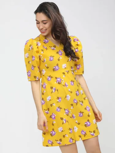 Image of Tokyo Talkies Women Skater Yellow Knee Length Dress
