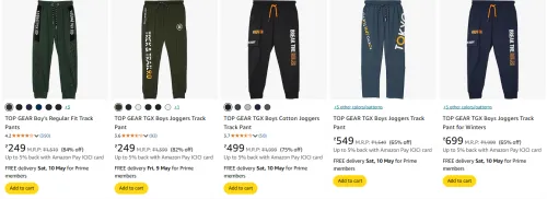 Image of TOP GEAR Boy's Trackpants at minimum 65% Discount