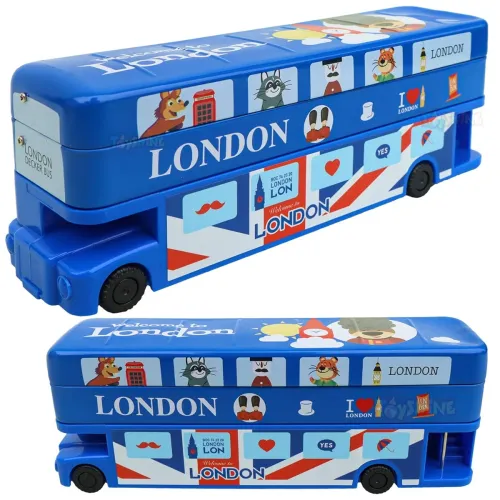 Image of Toyshine London Bus Metal Pencil Box with Tyres & Sharpener – Blue