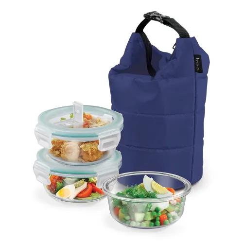 Image of Treo by Milton Swag Borosilicate Round Tiffin Box, 380 ml, Set of 3, Blue Jacket (Glass)