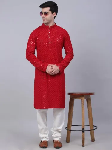 Image of Triom Men Chikan Embroidery Viscose Rayon A-line Kurta (Maroon)