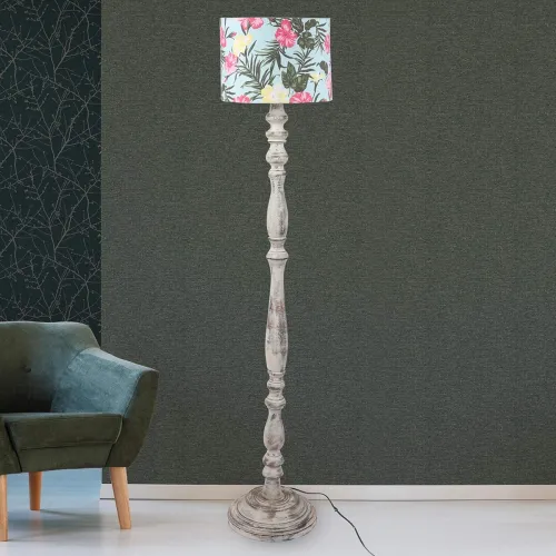 Image of tu casa Floor Lamps Wood Base with Multi Floral Cotton for Home Décor
