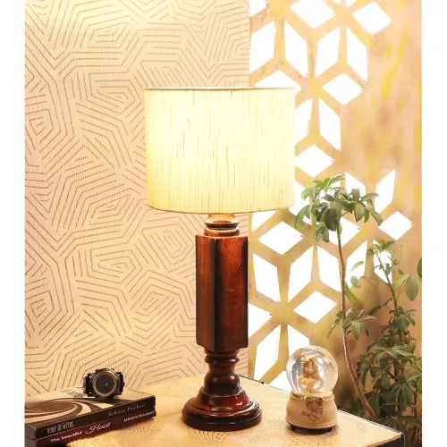 Image of tu casa Off White Cotton Shade Table Lamp for Bedroom