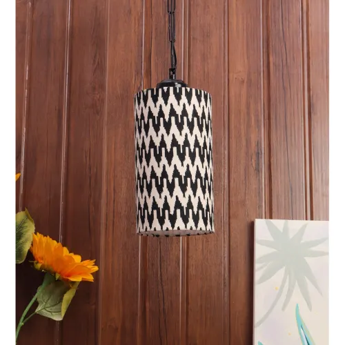 Image of tu casa Pendant Hanging Light Lamp with Black Metal Base & Chevron Print Cotton Shade