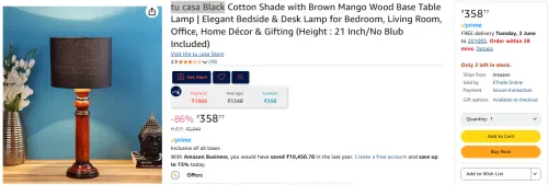 Image of tu casa Table Lamp with Cotton Shade and Mango Wood Base 21 Inch