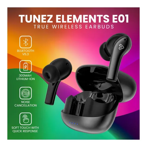 Image of Tunez Elements E01 TWS Earbuds (BT 5.3, 36H Music, Black)