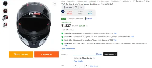 Image of TVS Racing Single Visor Motorbike Helmet