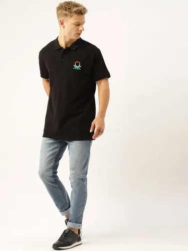 Image of United Colors of Benetton Men Solid Polo Neck Pure Cotton Black T-Shirt