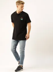 United Colors of Benetton Men Solid Polo Neck Pure Cotton Black T-Shirt
