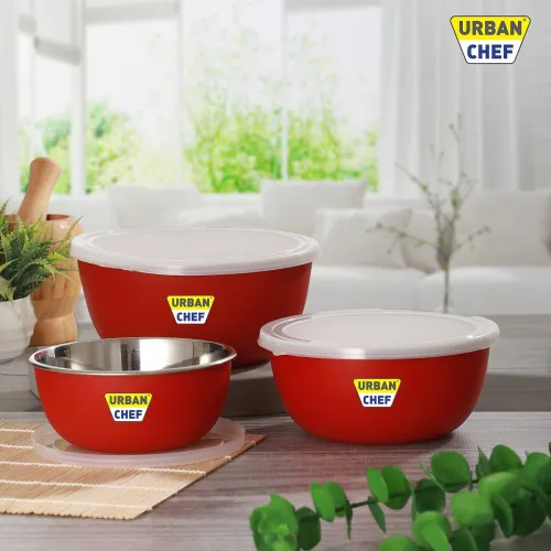 Image of Urban Chef Stainless Steel Serving Bowl Microwave safe Flora Bowl (Pack of 3, Red)