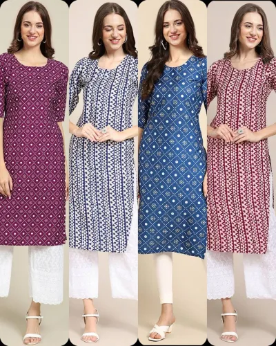 Image of V And V Shop Pack of 4 Women Printed Crepe Straight Kurta