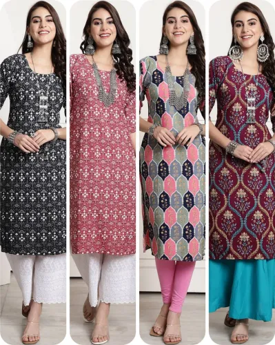 Image of V And V Shop Pack of 4 Women Printed Crepe Straight Kurta