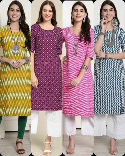 Image of V And V Shop Women's Printed Crepe Straight Kurta - Pack of 4