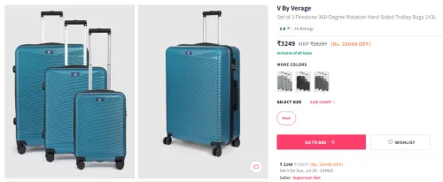 Image of V By Verage Set of 3 Firestone 360-Degree Rotation Hard-Sided Trolley Bags 243L
