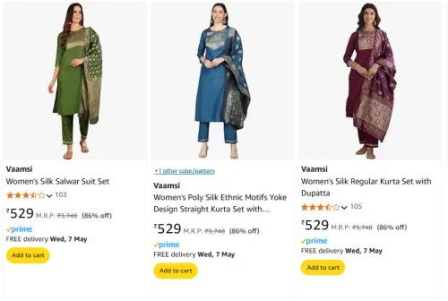 Image of Vaamsi Women's Kurta Set at Minimum 70% Discount