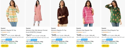 Image of Vaamsi Women's Kurtis at minimum 75% Discount