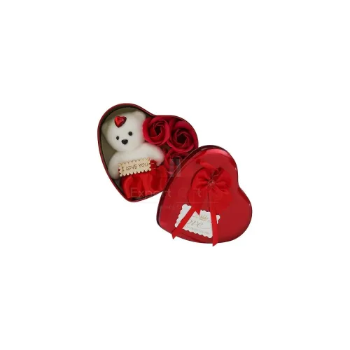 Image of Valentine's Day Gift Set with Plush Bear, Red Roses and Heart Box, I Love You Message