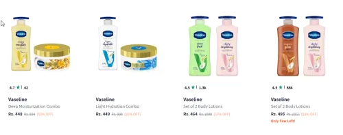 Image of Vaseline Body Lotion 400ml & Silky Body Creme 180g @ Flat 57% Discount | Start ₹448
