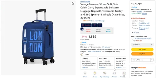 Image of Verage Moscow Soft Cabin Suitcase 20 Inch