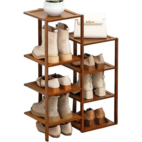 Image of vertical, double-row, 8-tier bamboo shoe rack
