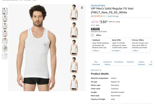 Image of VIP Men's Solid Regular Fit Vest Pack of 6
