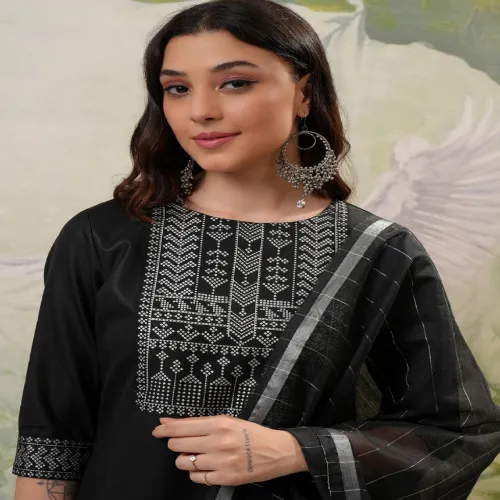 Image of Vishudh Black Printed Regular Kurta with Trouser & Dupatta