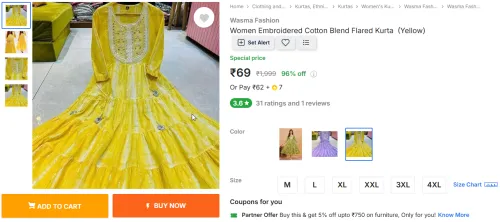 Image of Wasma Fashion Women’s Yellow Embroidered Flared Kurta
