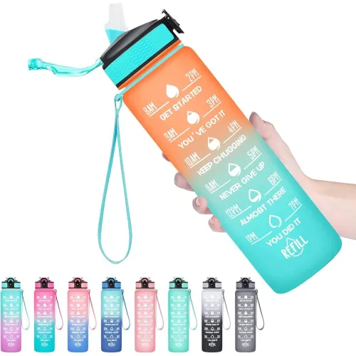 Image of Water Bottle 1 L Capacity Belt Straw Transparent Motivational Water Bottle