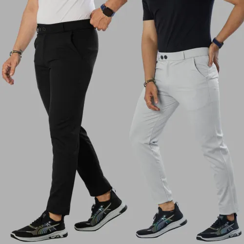 Image of We Perfect Men Slim Fit Black, Grey Trousers (Pack of 2)