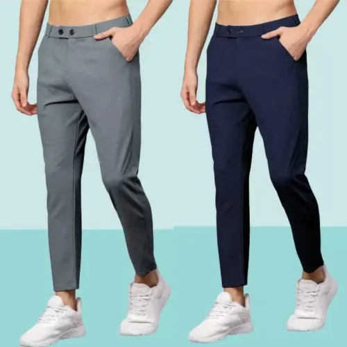 Image of We Perfect Pack of 2 Men Slim Fit Grey, Blue Lycra Blend Trousers