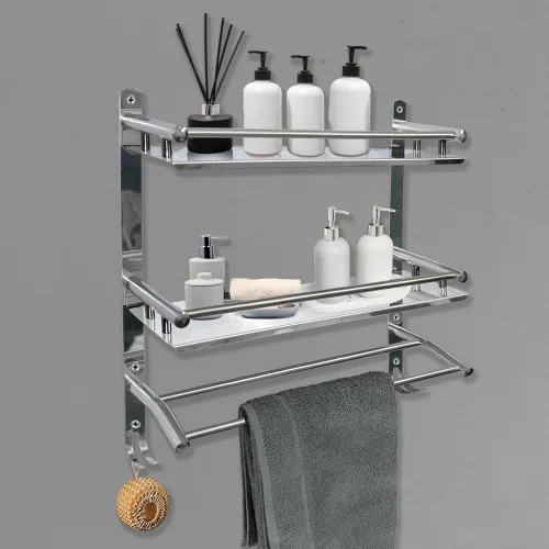 Image of Well Set Stainless Steel Wall Rack (Double Layer, Chrome, Silver)