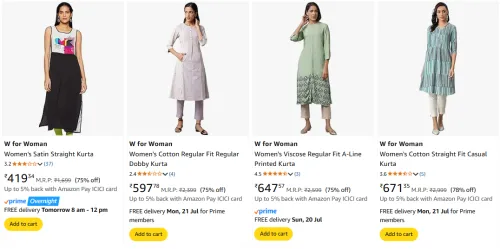 Image of W for Woman Kurta at minimum 75% Discount
