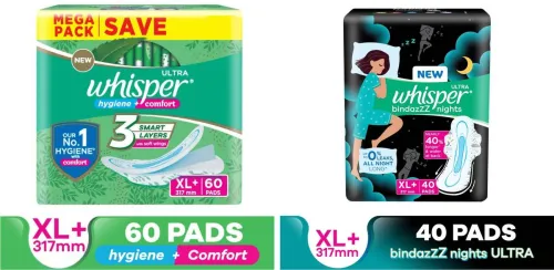 Image of Whisper Ultra Hygiene+Comfort & Bindazzz Nights XL+ Combo Sanitary Pad