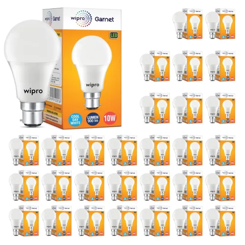 Image of wipro Garnet 10W LED Bulb for Home & Office |Cool Day White (6500K) | B22 Base|220 degree Light coverage Pack of 30