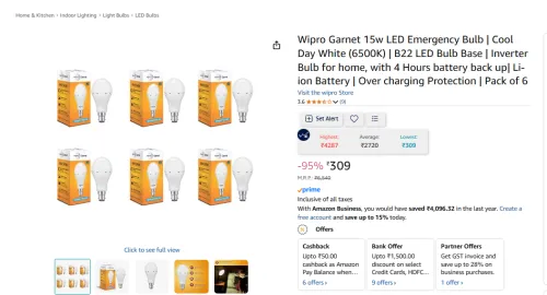 Image of Wipro Garnet 15w LED Emergency Bulb Pack of 6