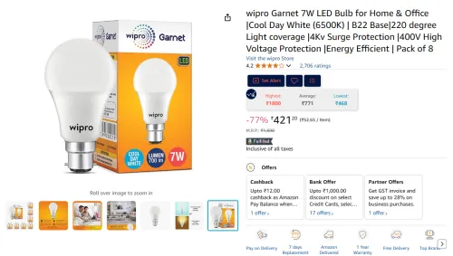 Image of wipro Garnet 7W LED Bulb (Pack of 8)