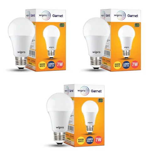 Image of Wipro Polycarbonate Garnet Base E27 7-Watt Led Bulb (Pack of 3, Warm White)
