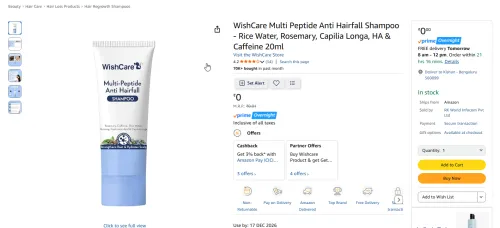 Image of WishCare Multi Peptide Anti Hairfall Shampoo - Rice Water, Rosemary, Capilia Longa, HA & Caffeine 20ml