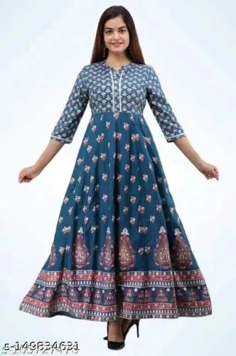Image of YASHIKADESIGNER Women's Printed Viscose Rayon Flared Kurta - Pack of 2 (Blue, Pink)