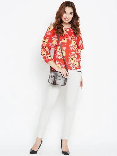 Image of Style Quotient Women Red & Yellow Floral Print Layered Bardot Top