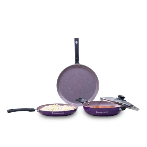 Image of Wonderchef Valencia Non-Stick Cookware 4 Piece Set | Kadhai with Lid 24 cm, Fry Pan 24 cm, Dosa Tawa 28 cm | Pure Grade 