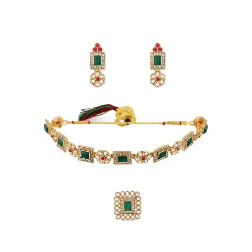 Image of ZAVERI PEARLS Green & Pink Stones Necklace 