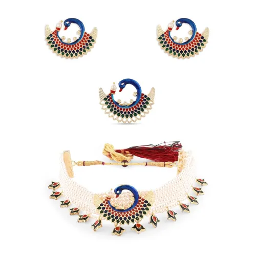 Image of ZAVERI PEARLS Multicolor Meenakari Peacock Necklace Earring & Ring Set